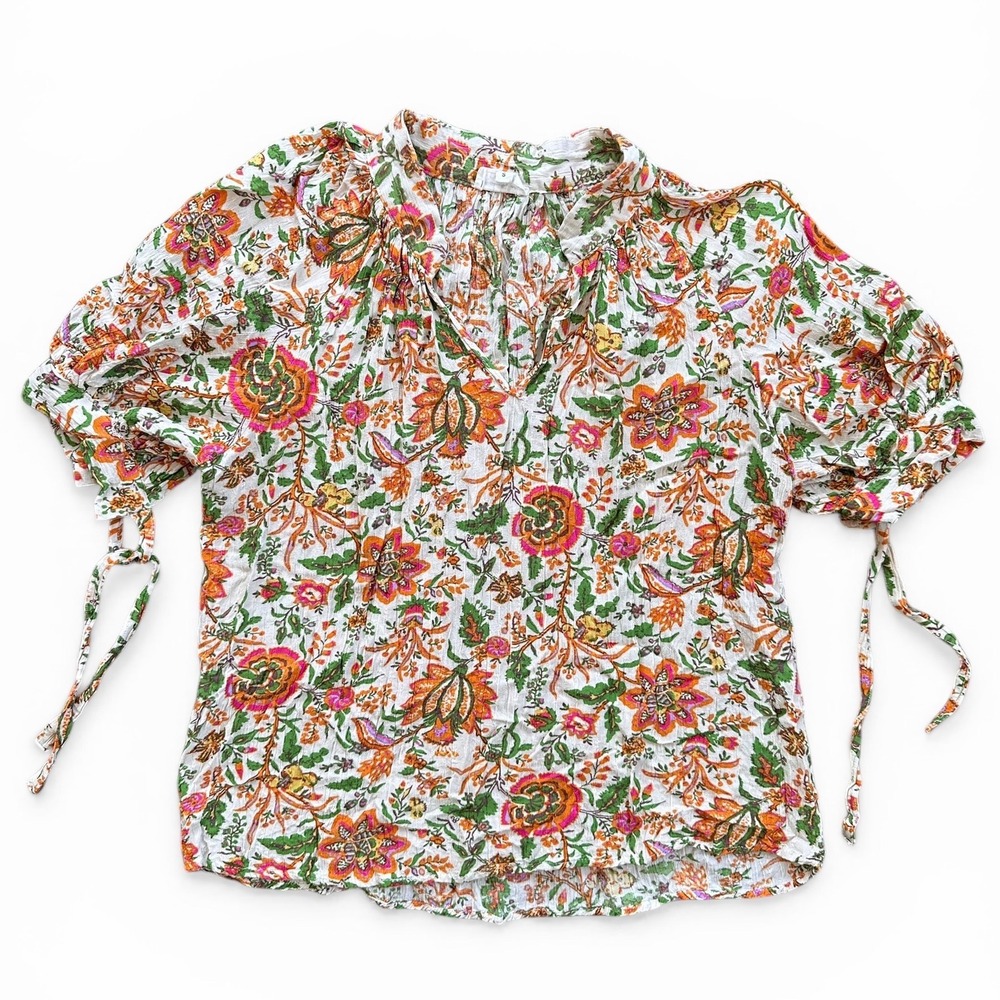 Nicole Miller Blouse Women Small Multi-Color Excellent Floral Boho Puff Sleeve
